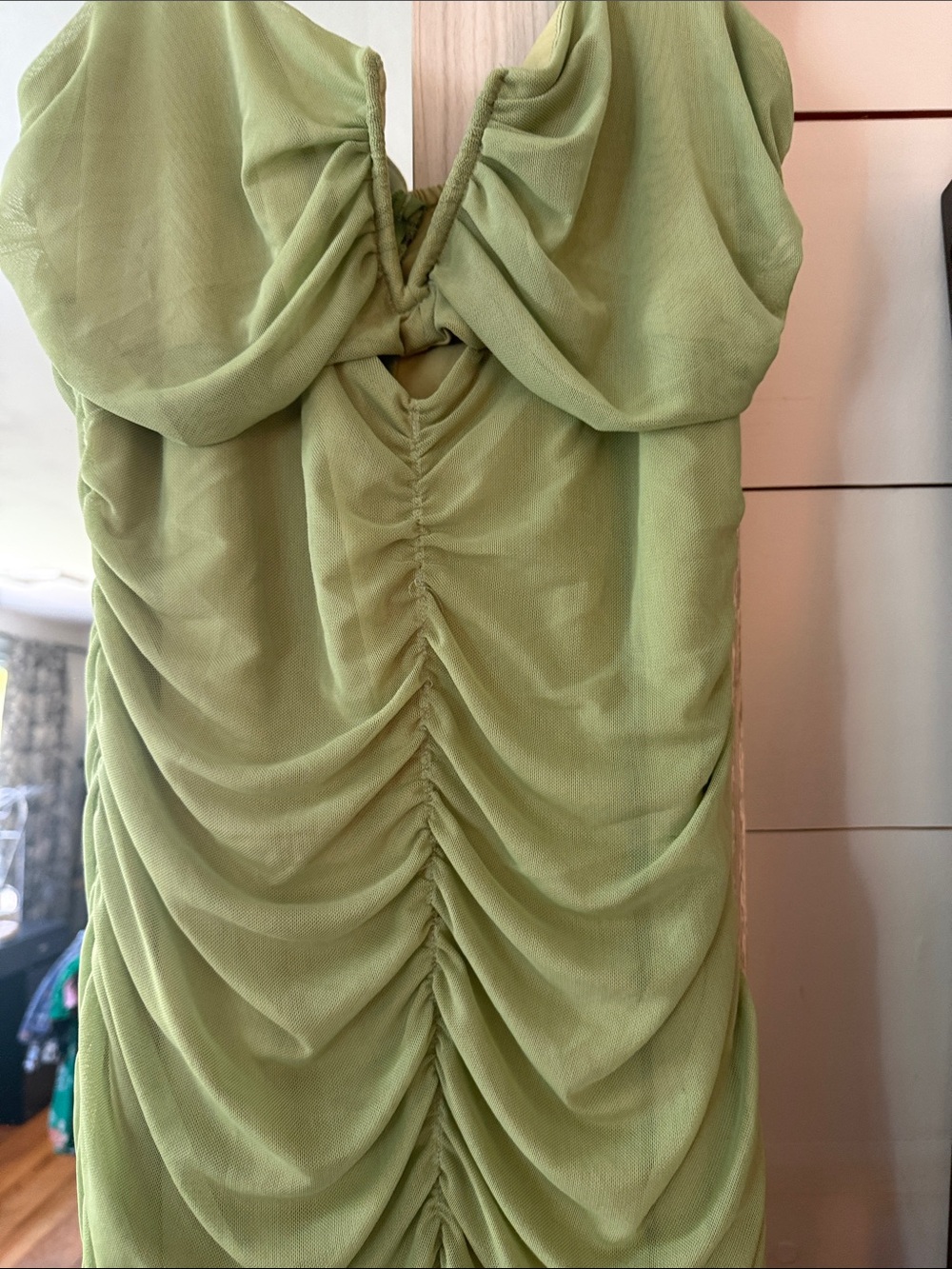 Green Ruched Maxi Dress with Tiered Hem - Picture 3 of 8